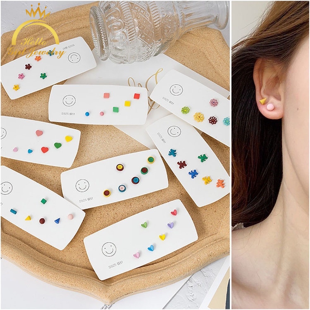 3pairs/pack 925 Silver Needle Daisy Earrings Small Flower Button Square Geometry Fashion Temperament Ear Ring