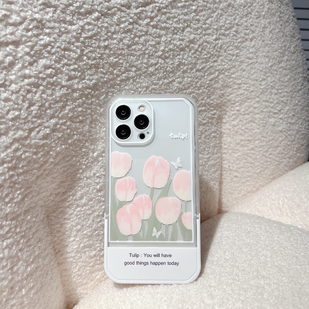 Case Pelindung Transparan Motif Bunga Pink Dengan Holder Putih Untuk Iphone 11 8 7 Plus SE2 XS XR 12 13 PRO MAX