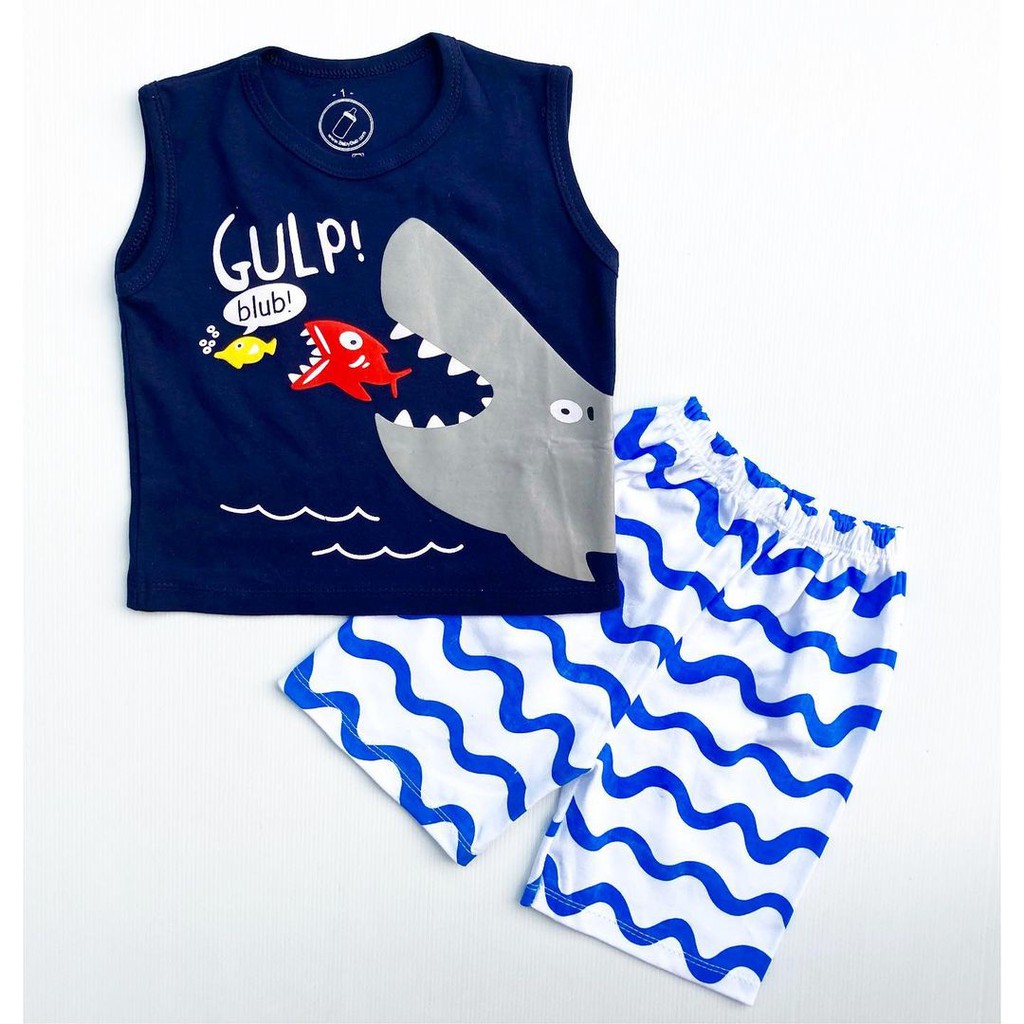 GULP SHARK Baju Setelan Kaos Celana Pergi Jalan Lucu Fashion Anak Bayi Cowok Laki Terlaris Lucu