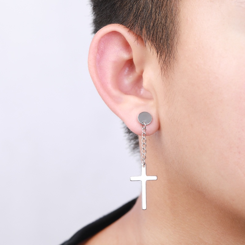 One Piece Korea Stainless Steel Cross Stud Anting-Anting Fashion Hitam Sendi Gaya Gothic Stud Anting-Anting Hip Hop Trendi Rantai Anting-Anting