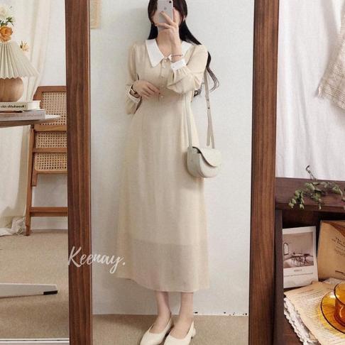 Yona Midi Dress Wanita Korea Vintage Baju Wanita Lengan Panjang