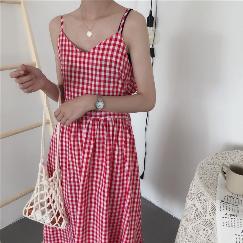 Dress Slip Midi Wanita Strap Spaghetti Aksen Pita Belakang Motif Kotak Gaya Korea - Hitam/Merah