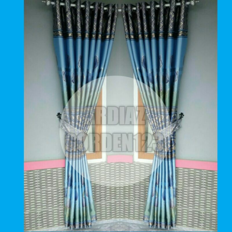Gorden minimalis blackout motif bunga tulip, biru 100% original