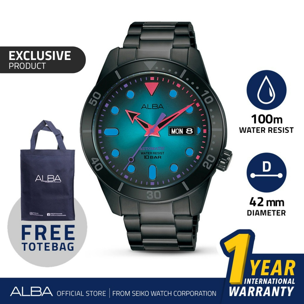 Alba Mechanical Tokyo Neon Jam Tangan Pria Minimalist AL4175 / AL4175X1 Automatic Blue Dial Black St