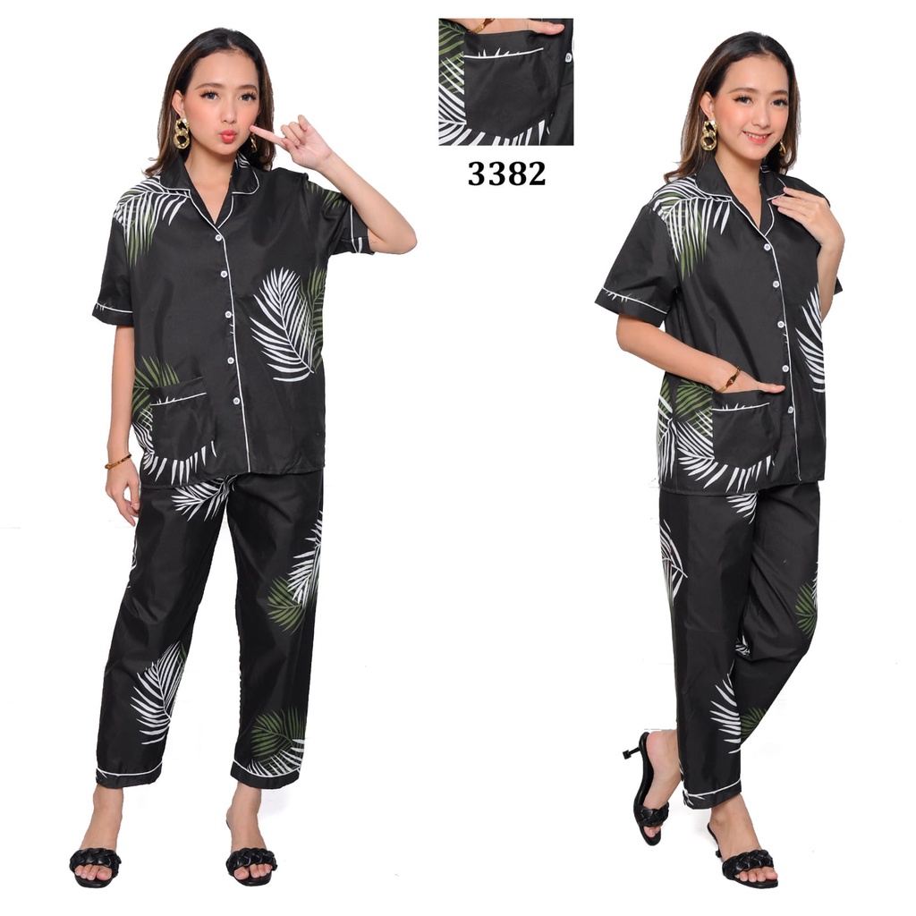 Dtree . baju tidur piyama dewasa cp motif daun hitam katun eropa / katun lokal