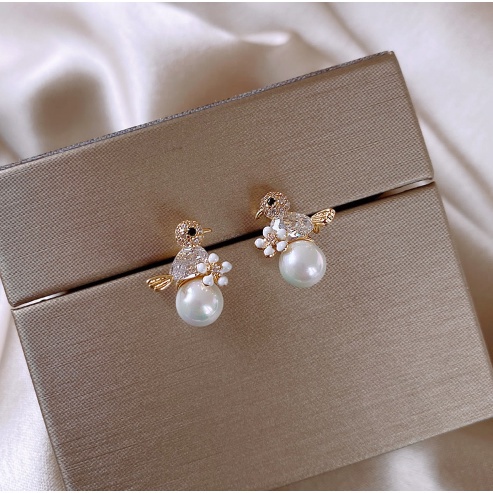 ANTING KOREA WANITA TITANIUM LITTLE BIRD PEARL ZIRCON ANTING TUSUK ANTI KARAT GIWANG AKSESORIS FASHION IMPORT ANT43