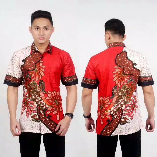 Hem Batik Kencana Hitam | Atasan Pria Batik Modern Batik Pria Motif New Sekar Warna Merah Pekalongan
