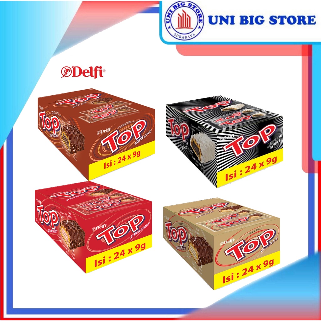 

Wafer Delfi Top Coklat Chocolate Strawberry Black In White Triple Cokelat 24 pcs BOX Kotak