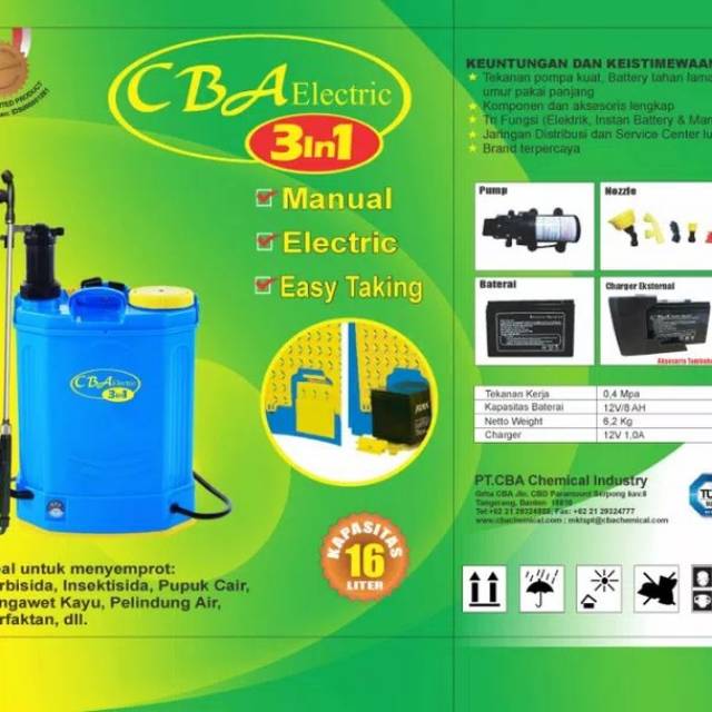 CBA Electric Sprayer Knapsack Tipe 5,5 Elektrik + Manual 16 Liter 3in1