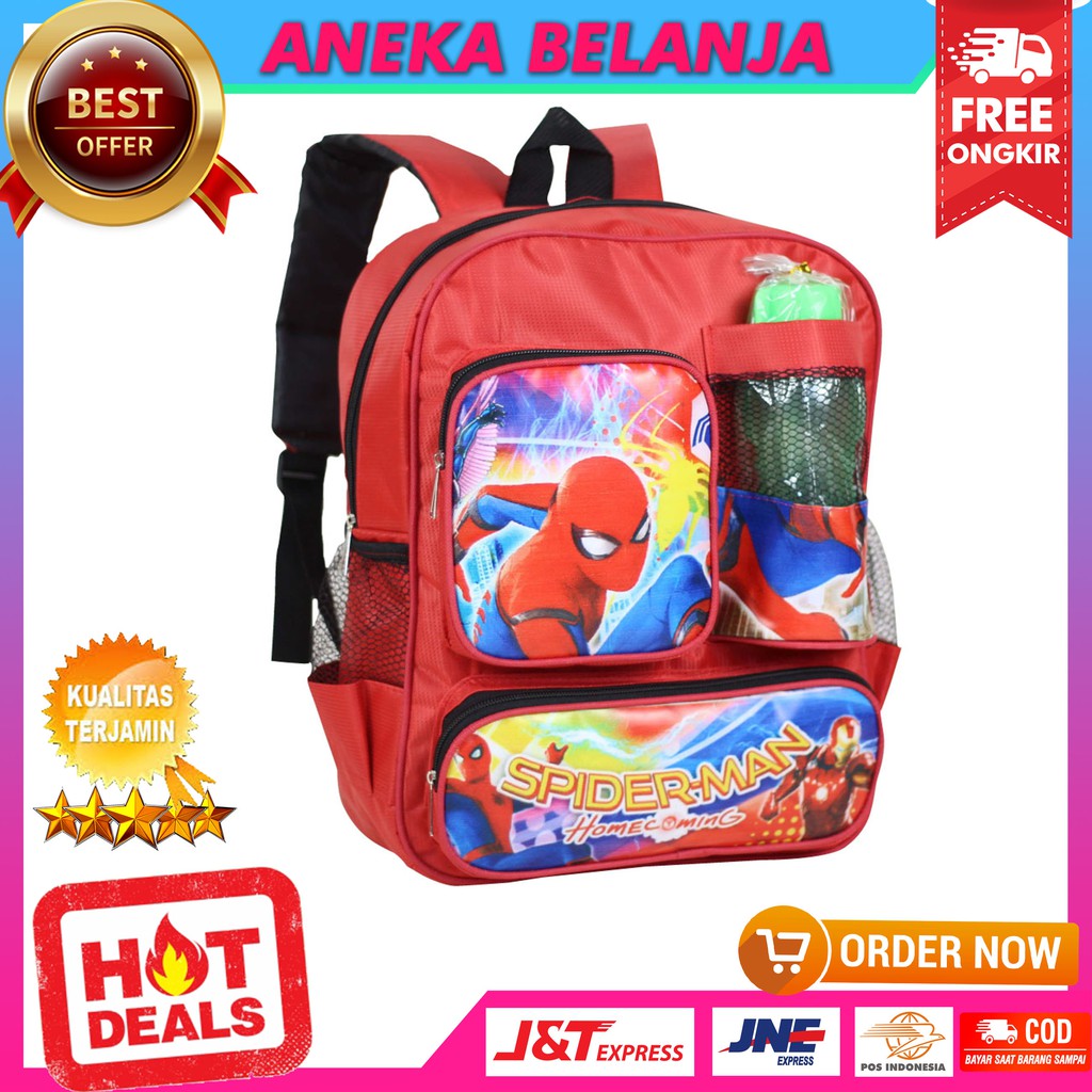 Tas Ransel Anak Casual Keren Gambar Kartun Spiderman Merah Lucu Bonus Botol Minum Tas Sekolah TK SD