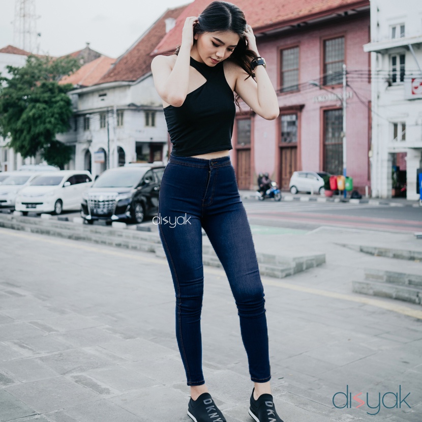 DISYAK - HIGHWAIST Navy Spray Premium Soft Jeans Strecth 7004-9004