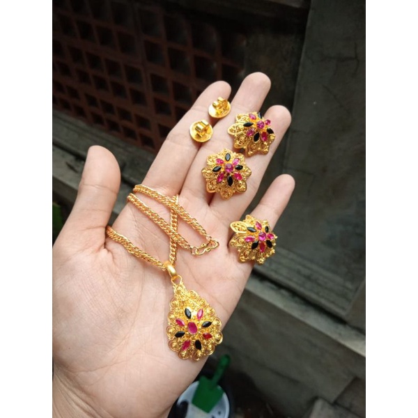 set kalung anting cincin tembaga lapis emas