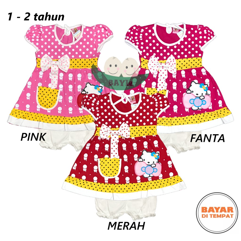 BAYIe - Setelan Baju Bayi/Anak Dress Perempuan motif POLKA KITTY YUNISA/Pakaian cewek 1-2 tahun