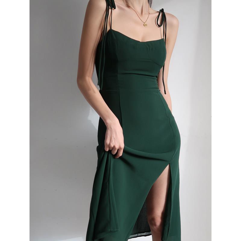 French dark green high waist suspender skirt retro sexy waist side slit tie dress beach holiday skir