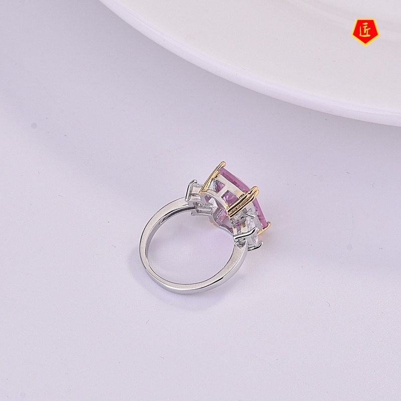 [Ready Stock]Pink Crystal Color Separation Square Diamond Ring Luxury and Elegant