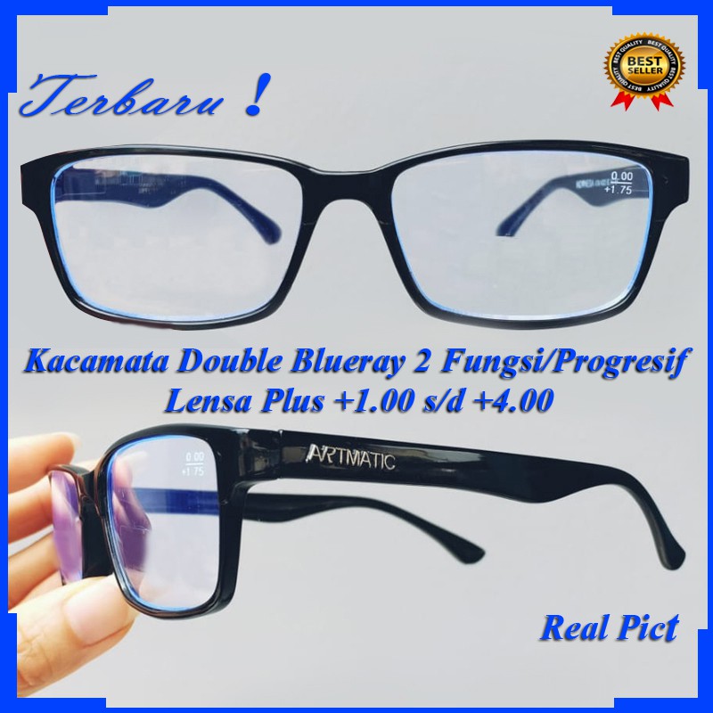 Kacamata 2 Fungsi Double Blueray Plus (+) dari +1.00 - +4.00 Kacamata Baca Pria Wanita Kacamata Plus