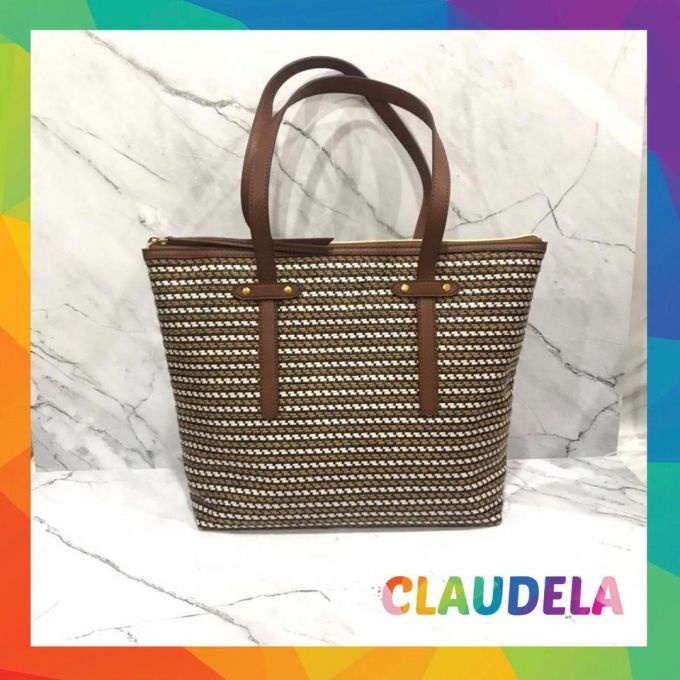 FOSSIL Felicity Tote in Brown Stripe Weave Multi