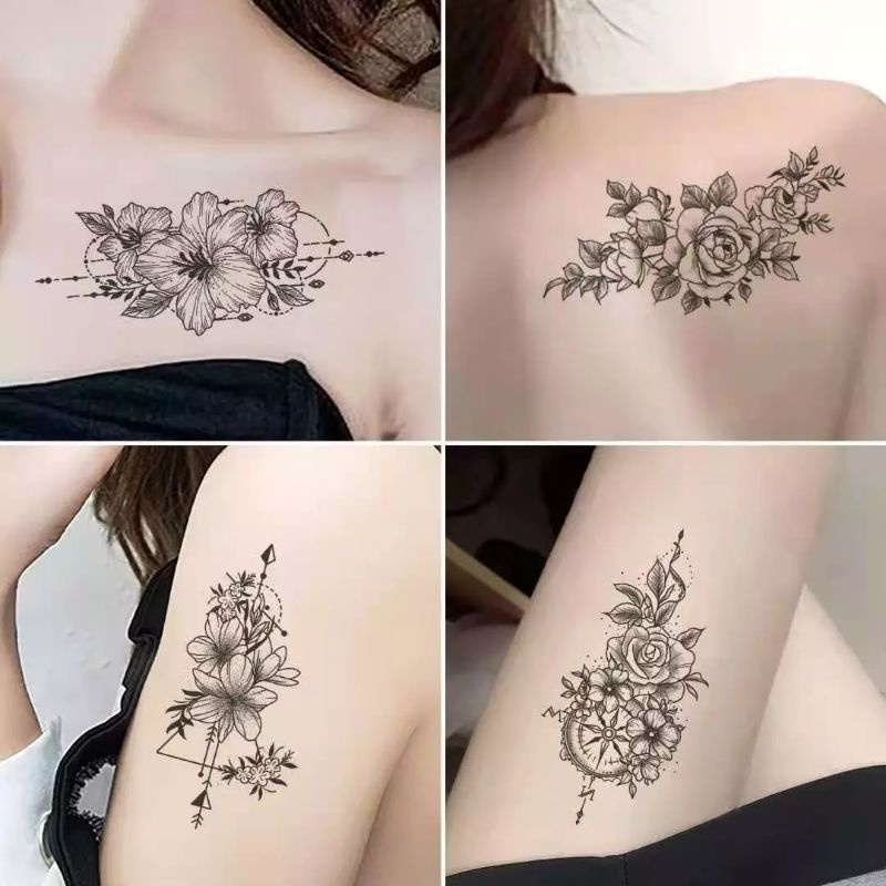 30pcs Stiker Tato Sementara Wanita Tato Hitam Mawar Palsu Tubuh Tangan Lengan Kaki Bunga Tattos Tatouage Temporaire Femme