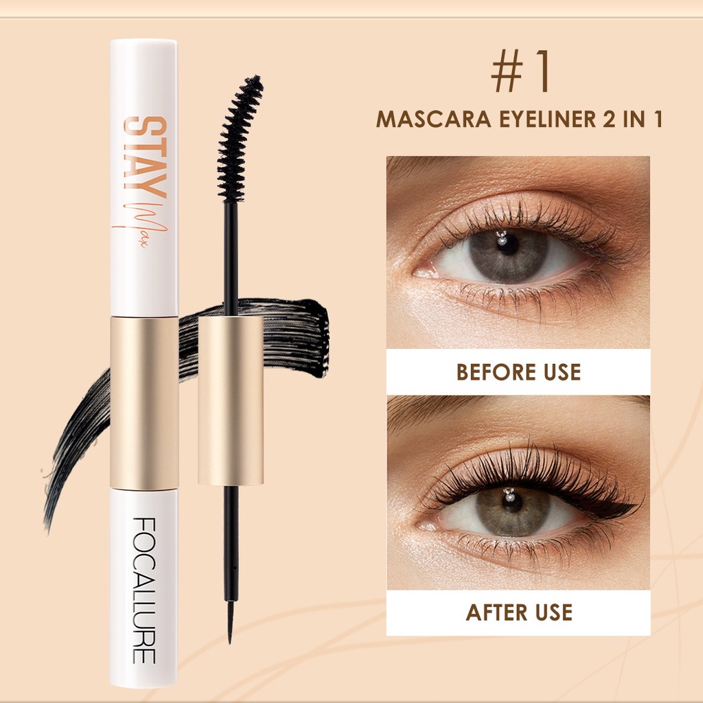 (READY &amp; ORI) Focallure Volume Lengthen Mascara &amp; Eyeliner 2 In 1 FA160 FA 160 2in1 maskara staymax stay max Tahan Lama Waterproof