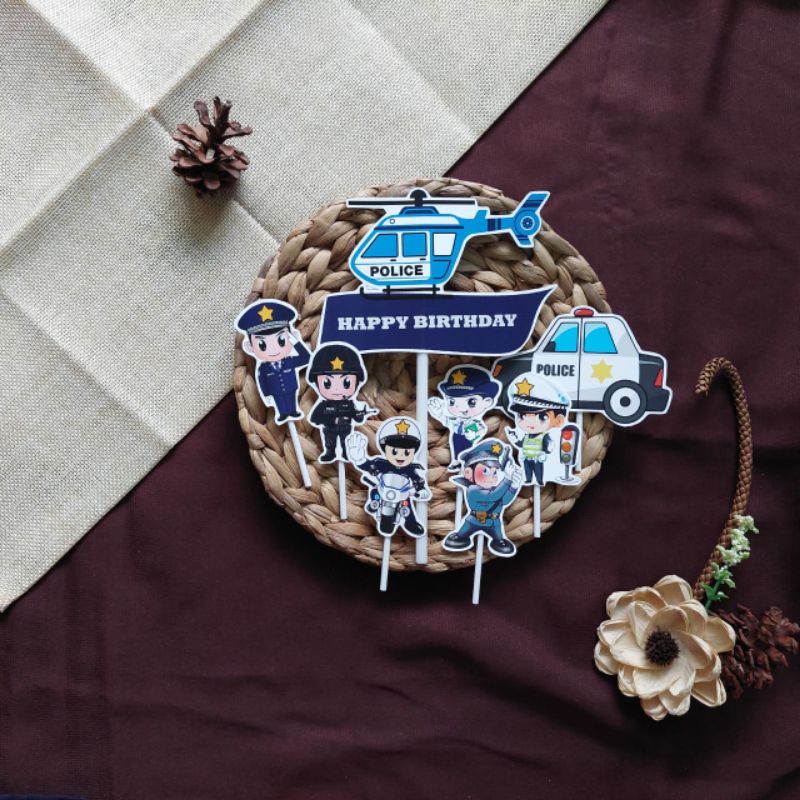 satu set cake topper hiasan kue ulang tahun karakter polisi police policeman police officer kantor p