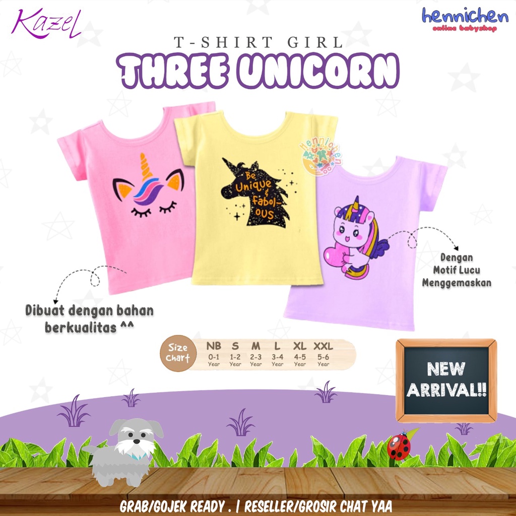 3pcs KAZEL TSHIRT THREE UNICORN TSHIRT ANAK PEREMPUAN ATASAN ANAK BAJU ANAK PEREMPUAN 1-6 Tahun