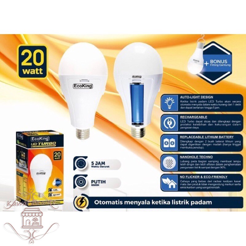 ECOKING LED Lampu Emergency 20W + 2 Lithium Battery Magic Watt/ Re-Chargeable (Di Cas) / Otomatis