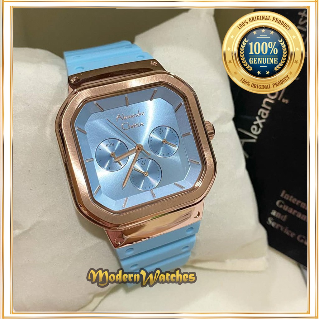 Jam Tangan Rubber Ori Wanita Alexandre Christie AC 2811 Light Blue Biru Terang Stainless Alexander