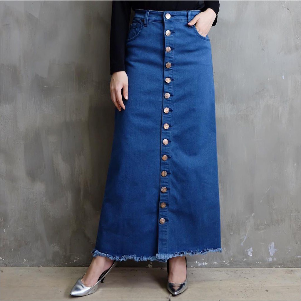 Rok rumbai jeans panjang / rok rawis jeans / rok jeans full kancing depan /  rok jeans kekinian | Shopee Indonesia