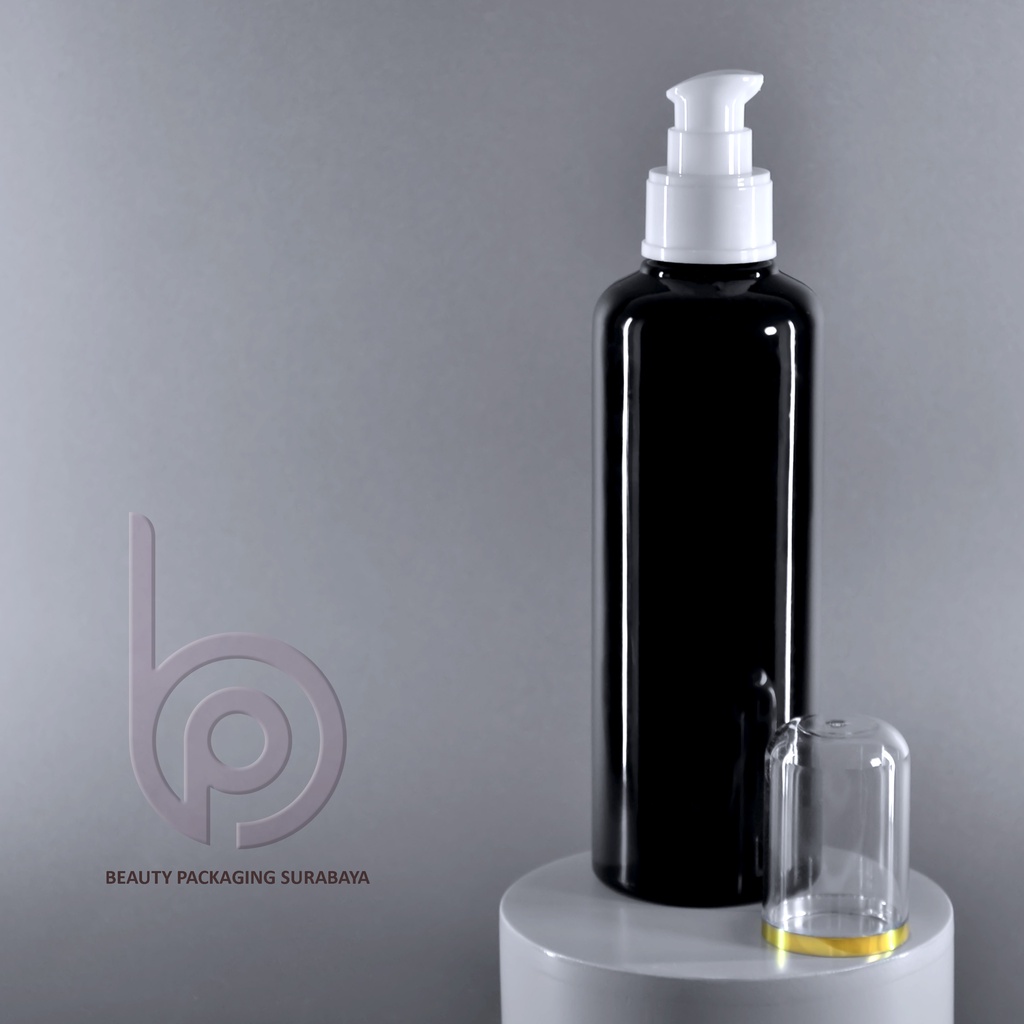 Botol plastik PET 250ml BR hitam tutup pump treatment fc list