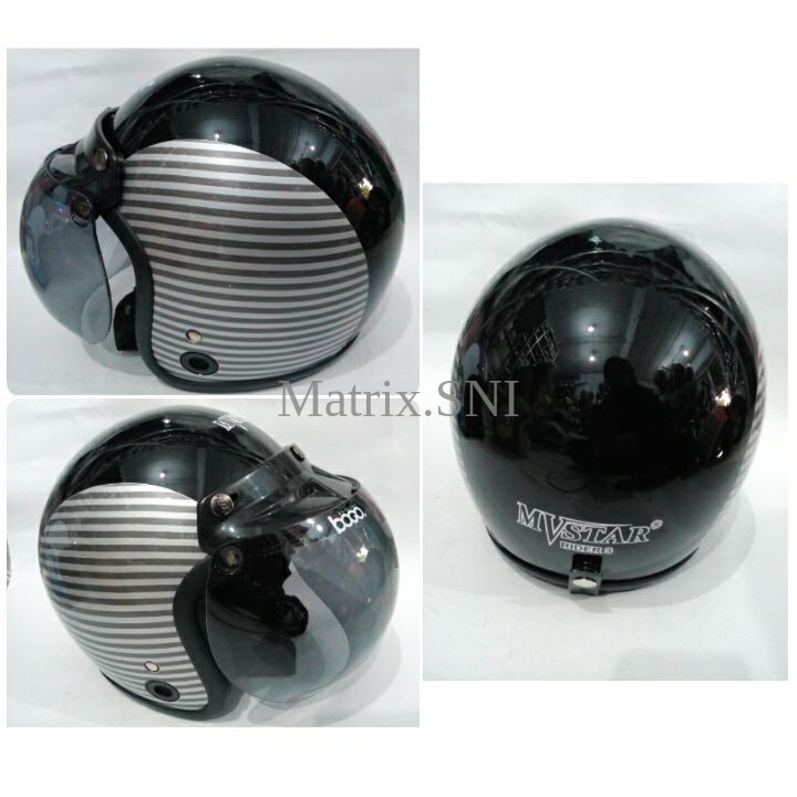 HM-2324 Helm Retro Sni Mvstar Bogo Asli Motif Hitam Garis Silver Or38 Murah