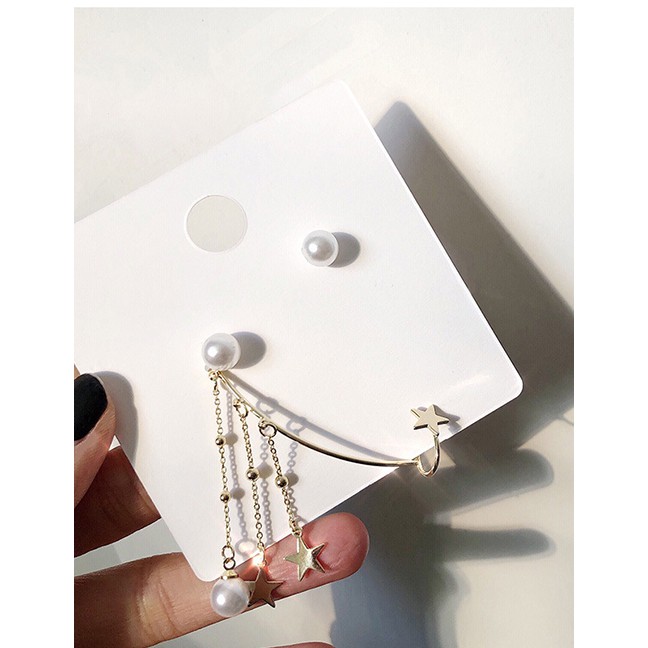 LRC Anting Tusuk Fashion Golden Shaped Pearl Pentagram Asymmetric Tassel Earrings D69976