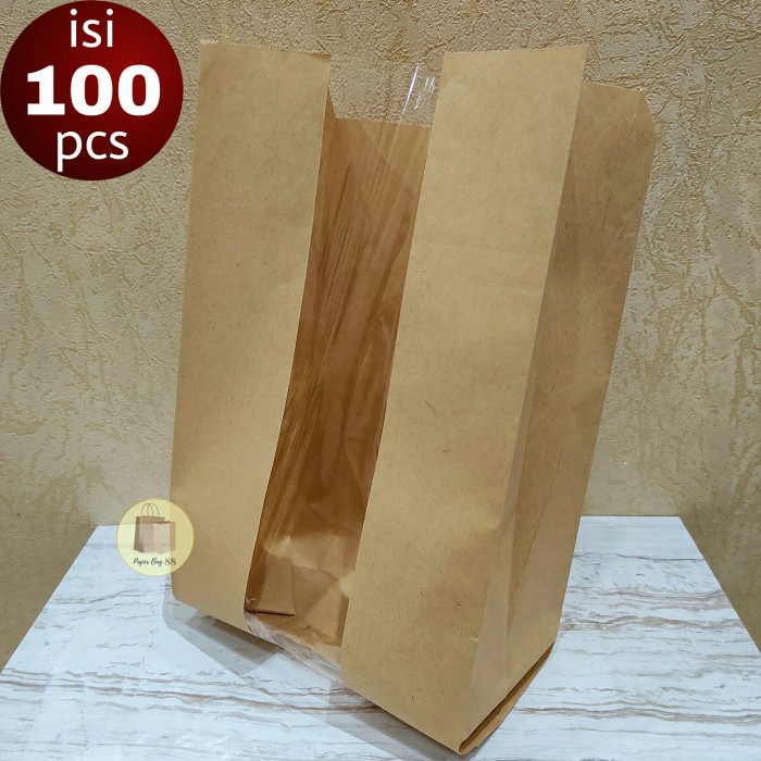 

BISA BAYAR DITEMPAT Paperbag Kantong Kertas Roti Jendela Coklat XL 18x10x31 cm (isi 100) TERLARIS