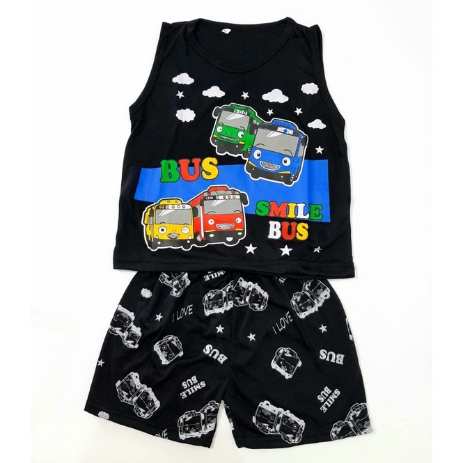 setelan singlet 1- 10 tahun kaos anak laki laki celana pendek pakaian cowok gambar bus hitam