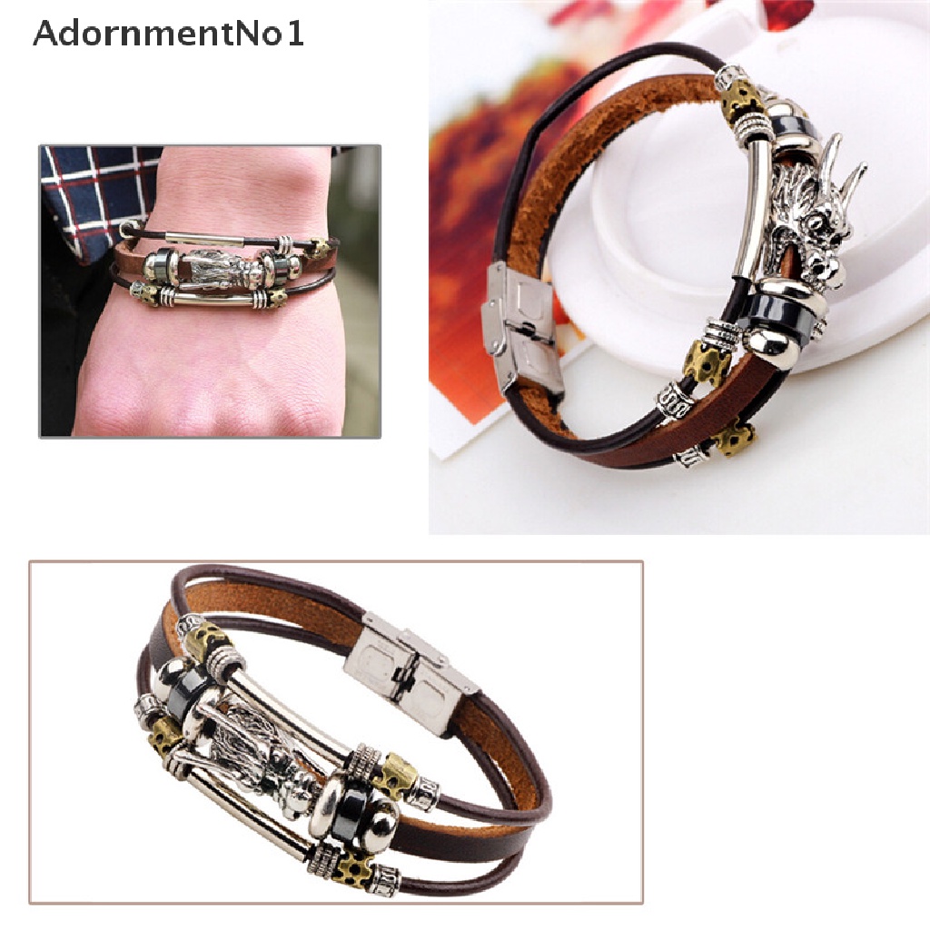 (AdornmentNo1) Gelang Tangan Kulit Banyak Lapis Motif Naga Parataxis Warna Silver Tibet Untuk Pria