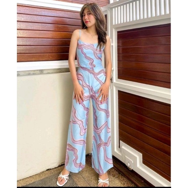 ONE SET KULOT PATTERN // SETELAN TANKTOP FLOWERY-Biru vanesa