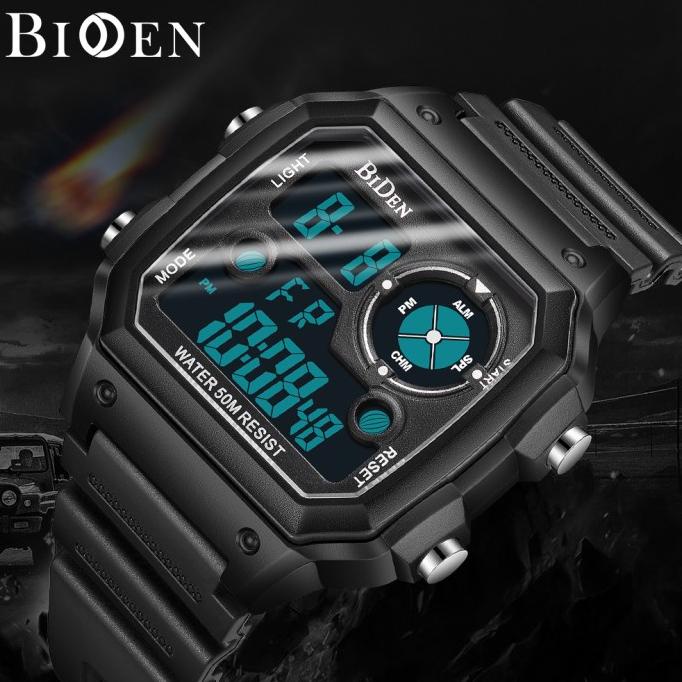 BIDEN jam tangan digital pria Square Militer Olahraga Kasual Pria