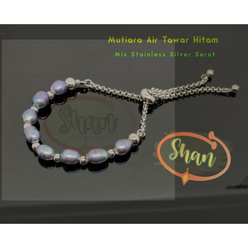 Gelang Mutiara air Tawar Hitam Grade A Serut Stainless