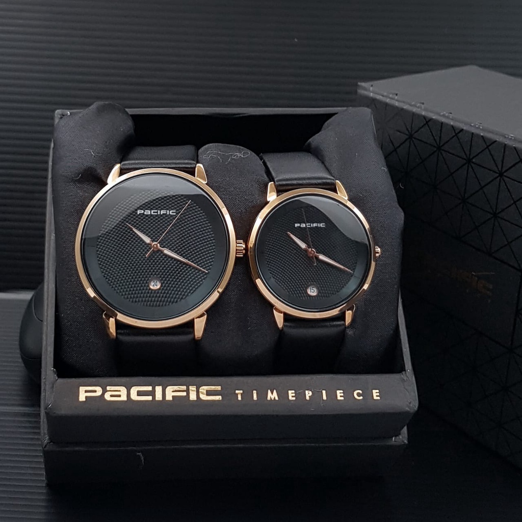 ( COD ) Jam Tangan Couple / Pasangan Pacific Original 3TR0093 Tanggal Aktif Strap Kulit Free Baterai