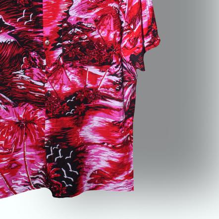 ۩ kemeja pria hawaii motif daun bunga / baju pantai surfing tropical - Merah, M ➥