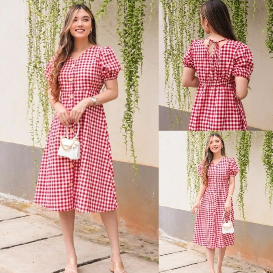 Baju Dress Wanita Dress Kotak Kotak Merah Putih Terbaru Terlaris Kekinian 2022 Pakaian Wanita Midi D