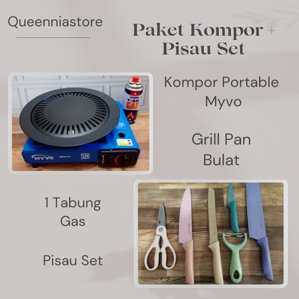 Paket Kompor Portable + Grillpan + Gas + Pisau Set