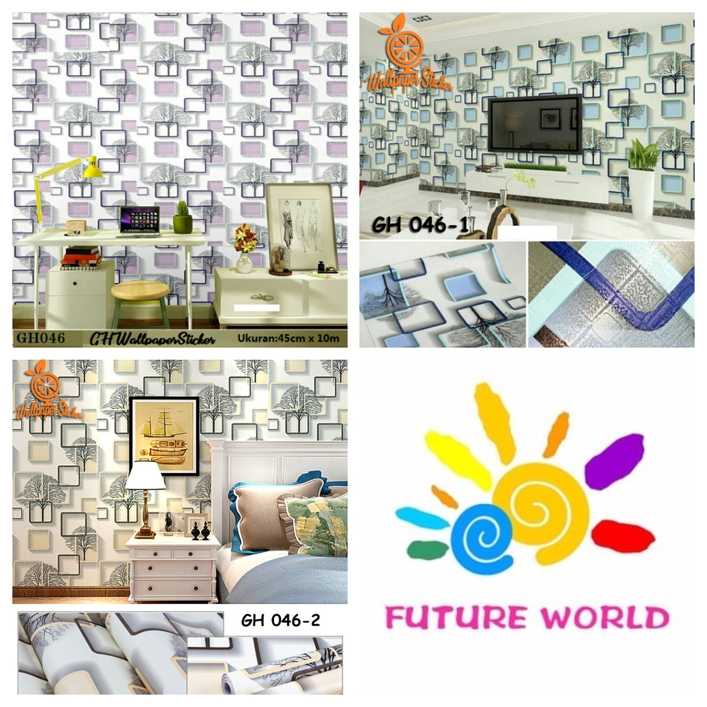 Wallpaper Dinding Murah Motif Kotak Sticker 3D Best Seller Ungu Hijau Biru Cream