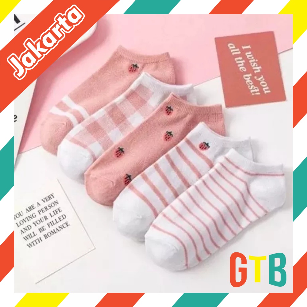 ❤GTB❤ Kaos Kaki Wanita Motif Kotak Pink Strawberry Fashion Korea Women Sock Import R601