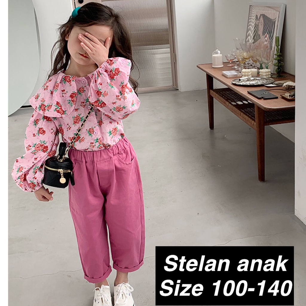 (LOLI-JKT) BS-222 SET ANAK CEWEK FLOWER PASTELA BLOUSE SIZE 100-140