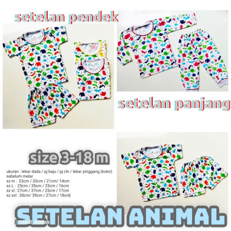 Setelan Lengan Pendek/Panjang Putih Katun Motif Animal Full Print Usia 3 Sd 18 Bulan