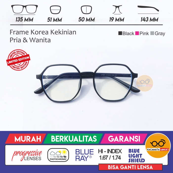 Kacamata Minus KM400 Frame Korea Kotak - Kacamata Segi Enam Kekinian Pria Wanita Transparan