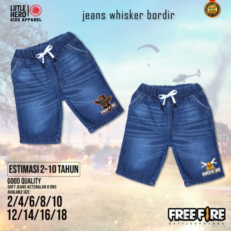 Celana Jeans Anak Whisker Bordir FF Bordir 2-7 Tahun Celana Jeans Pendek Bordir FreeFire by Little Hero