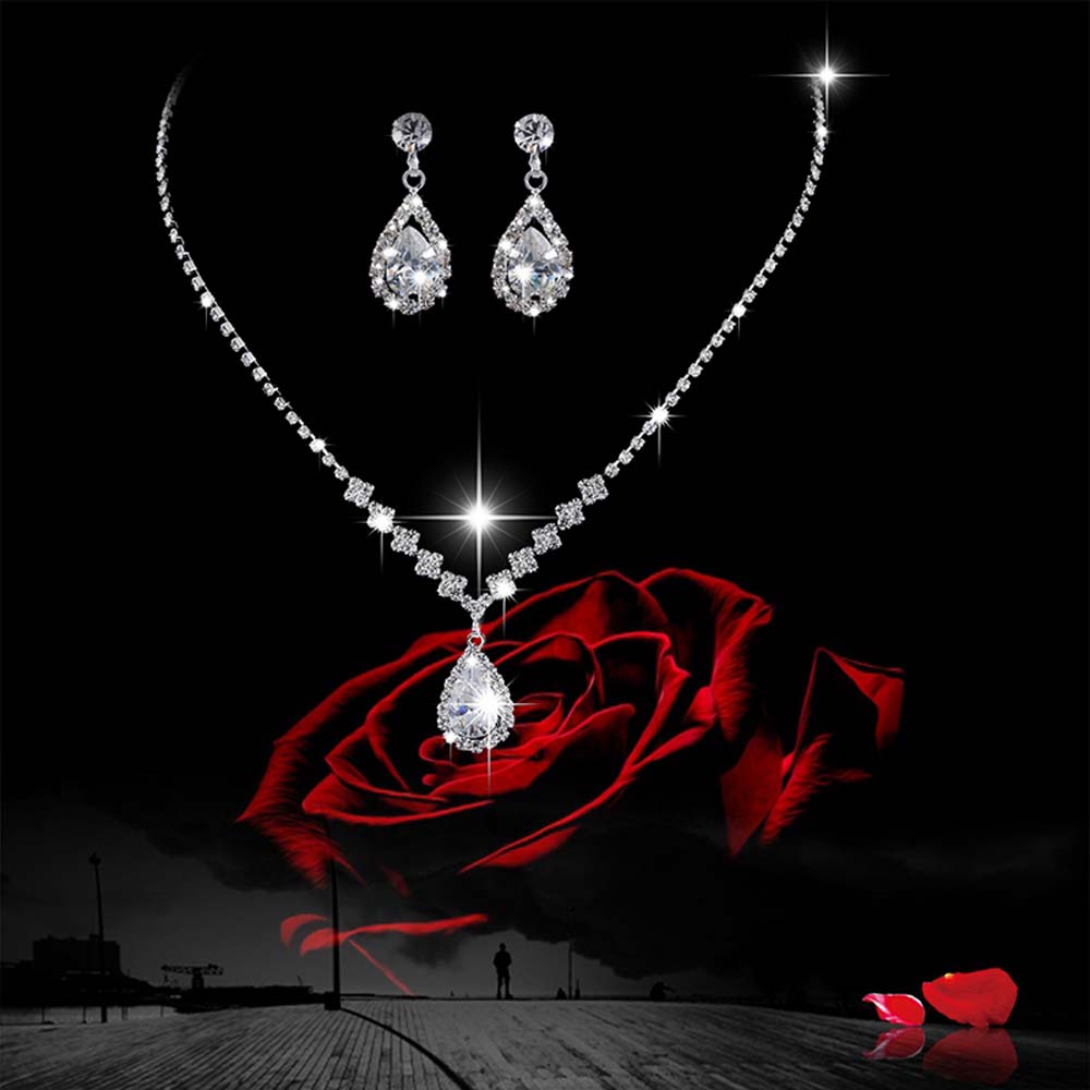 MXBEAUTY Fashion Jewelry Set Romantic Accessories Necklace Luxury Cubic Zirconia Water Drop Shaped Wedding Bridal Rhinestone Angel Teardrop Earrings/Multicolor