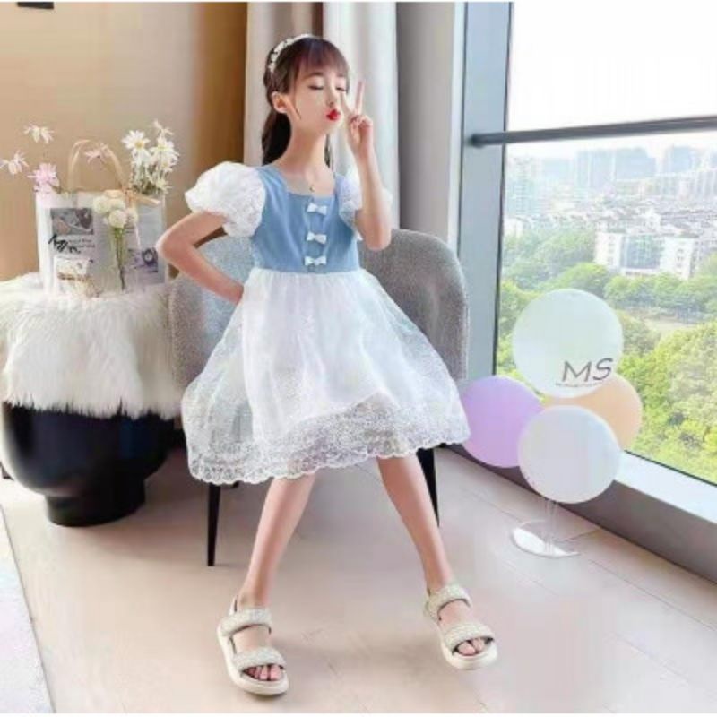 Dress Pesta Anak Perempuan Import Premium three ribon denim  2-9 Tahun