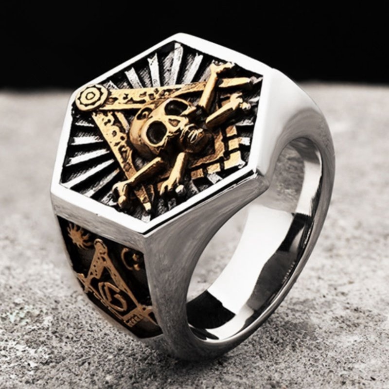 Cincin Desain Tengkorak Freemason Totem Heksagonal Masonic Untuk Pria